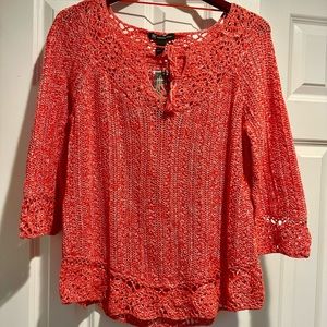 INC International Concepts coral- colored crochet top size L quarter sleeve